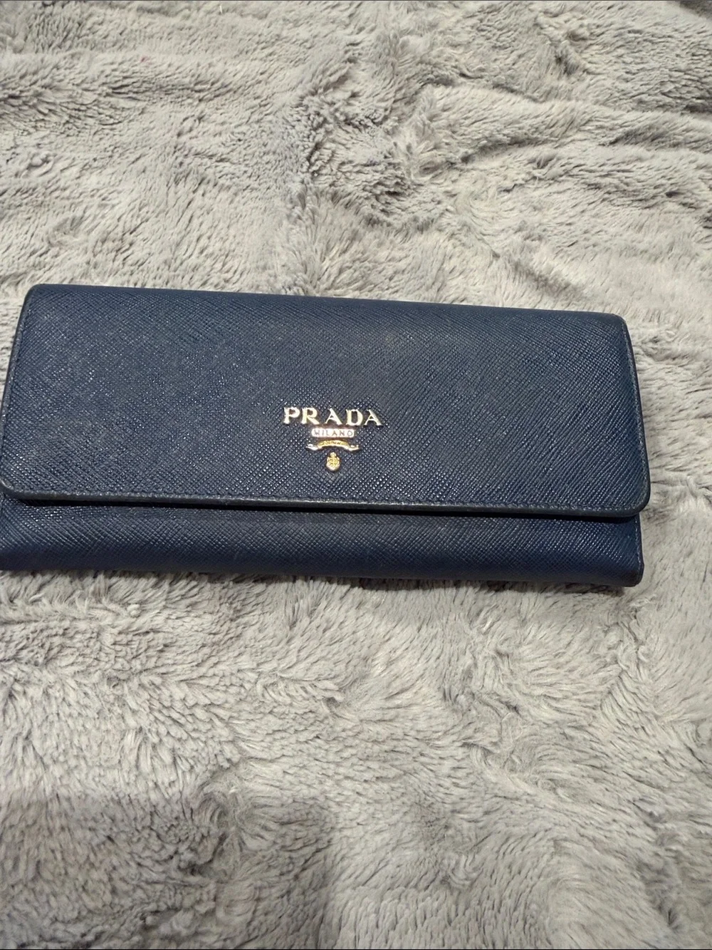 Prada Dark Blue Saffiano Leather Flap Wallet with Gold Logo